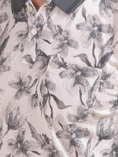 Grey Floral Print Polo Neck T-Shirt
