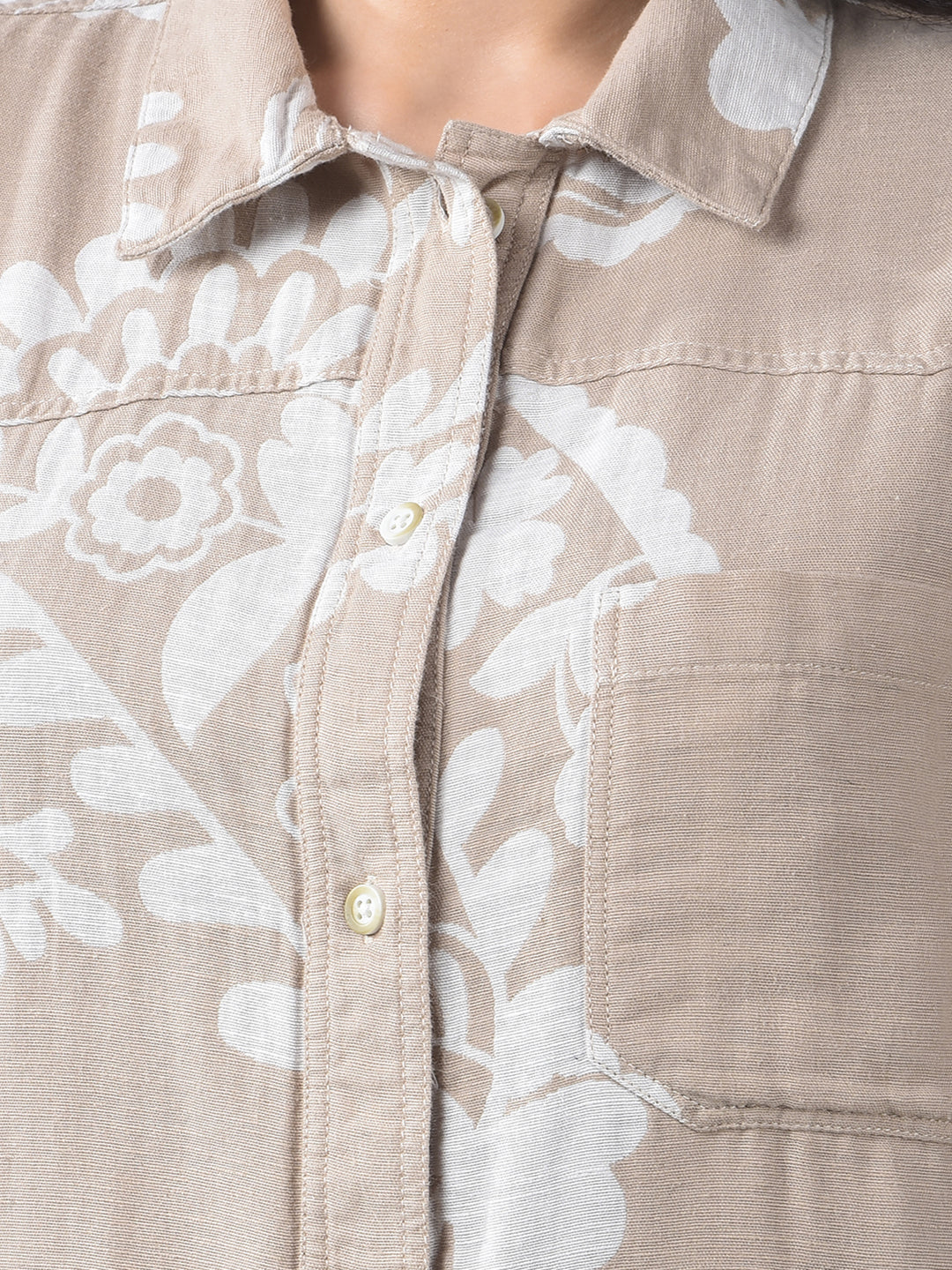 Beige Floral Print Linen Shirt
