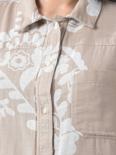 Beige Floral Print Linen Shirt
