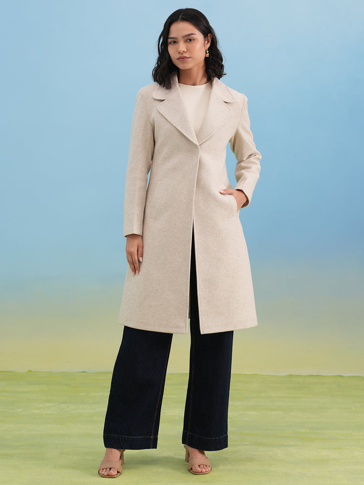 Beige Notched-Lapel Over-Coat