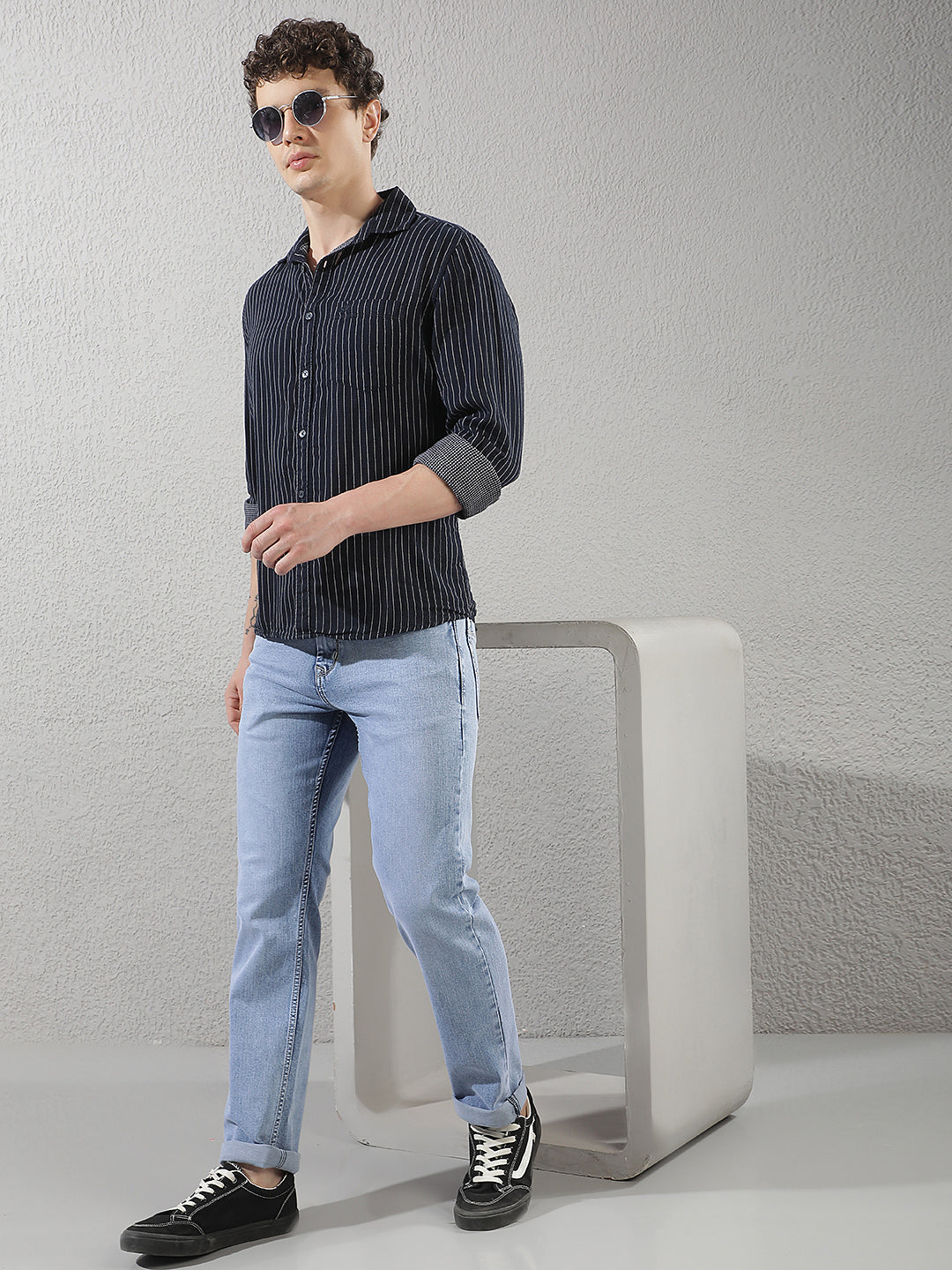 Navy Blue 100% Cotton Verical Stripes Shirt