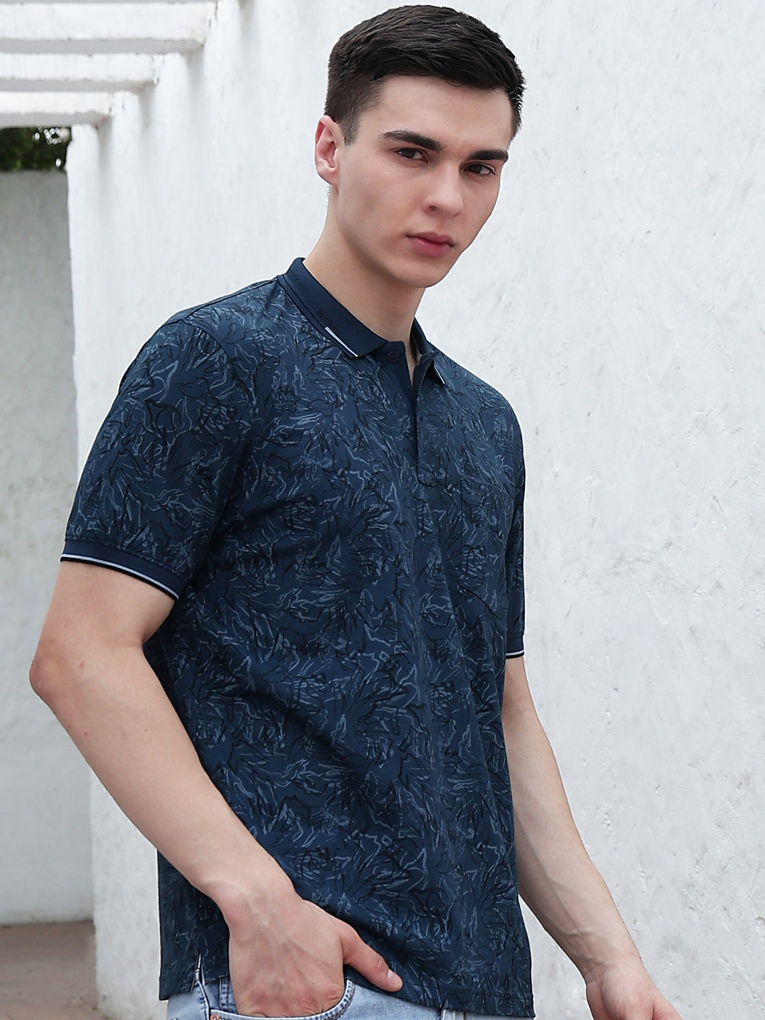 Blue Floral Print Polo Neck T-Shirt