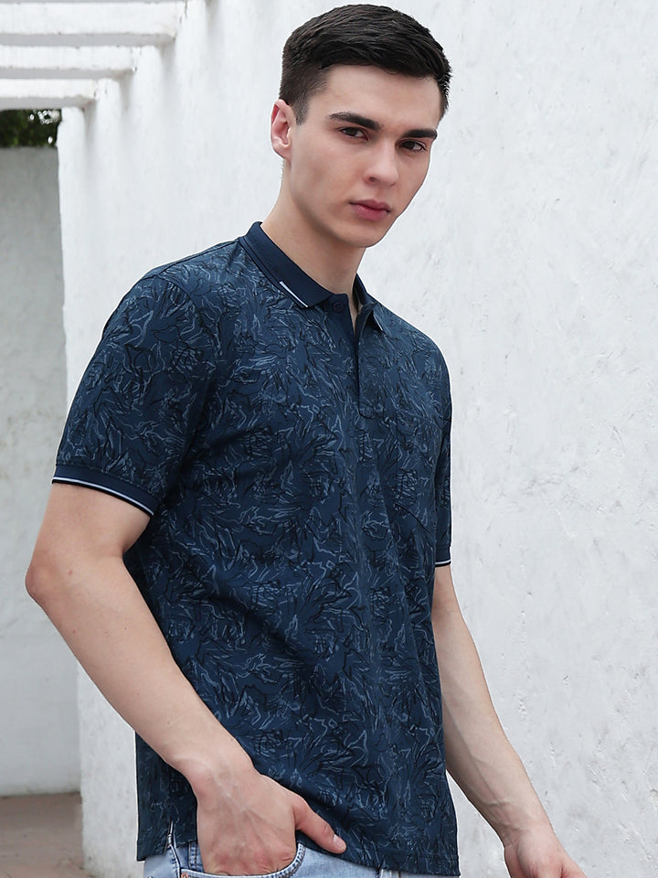 Blue Floral Print Polo Neck T-Shirt