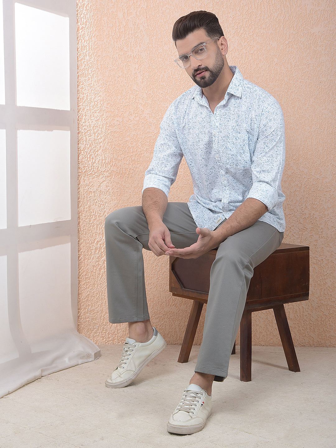 Blue Floral Print Linen Shirt