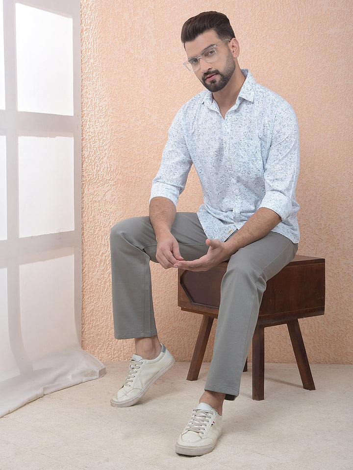 Blue Floral Print Linen Shirt