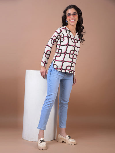 White Printed V-Neck Shirt