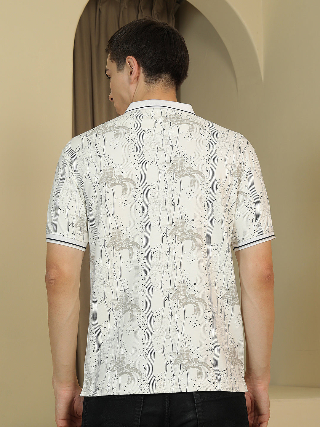 Off White Floral Print Polo Neck T-Shirt