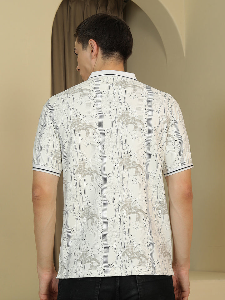 Off White Floral Print Polo Neck T-Shirt