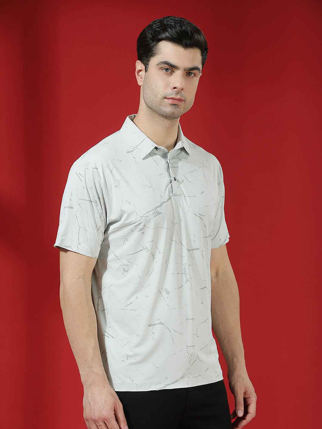 Grey Marble Print Polo T-Shirt