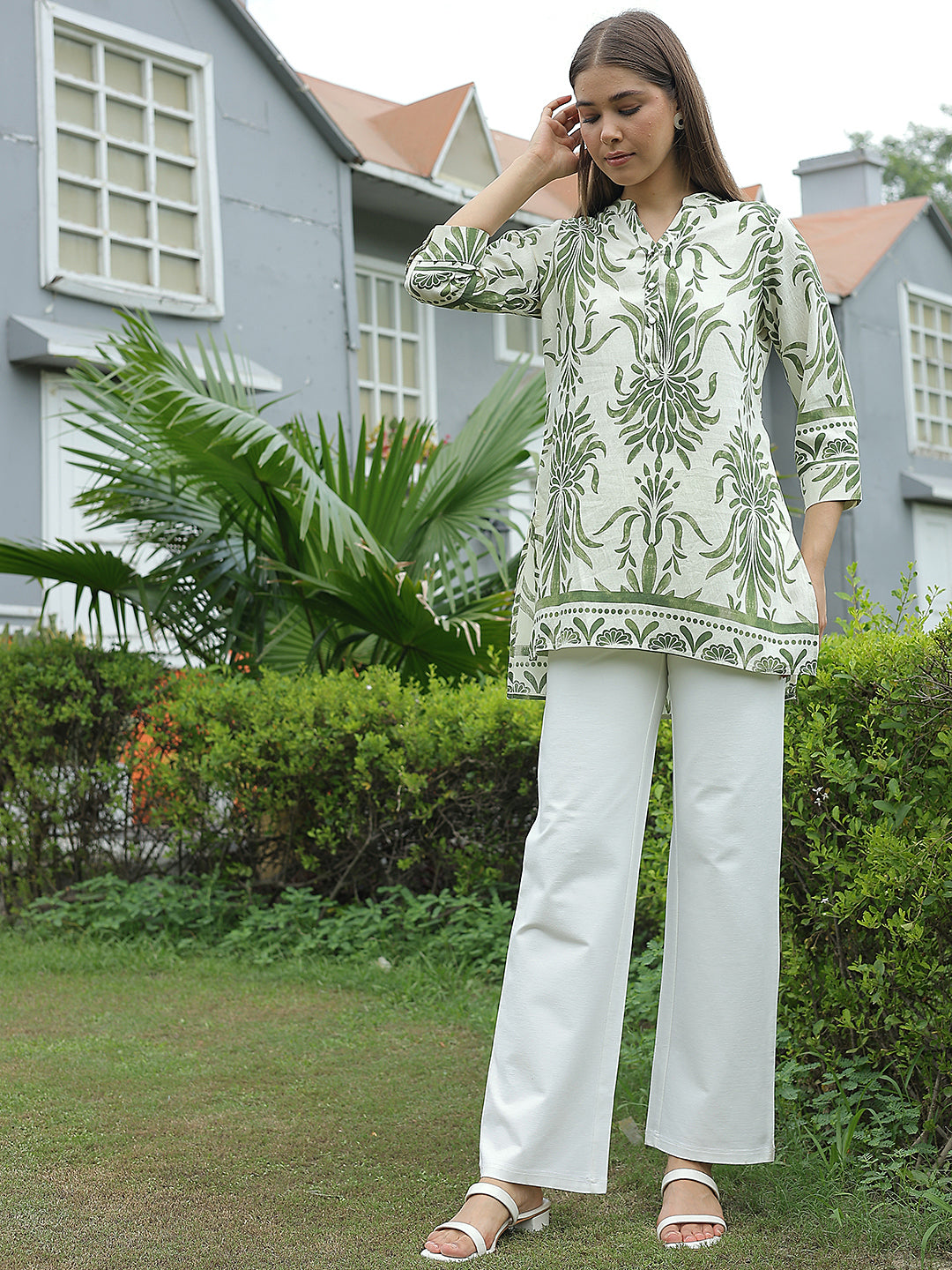 Green Floral Print V-Neck Top