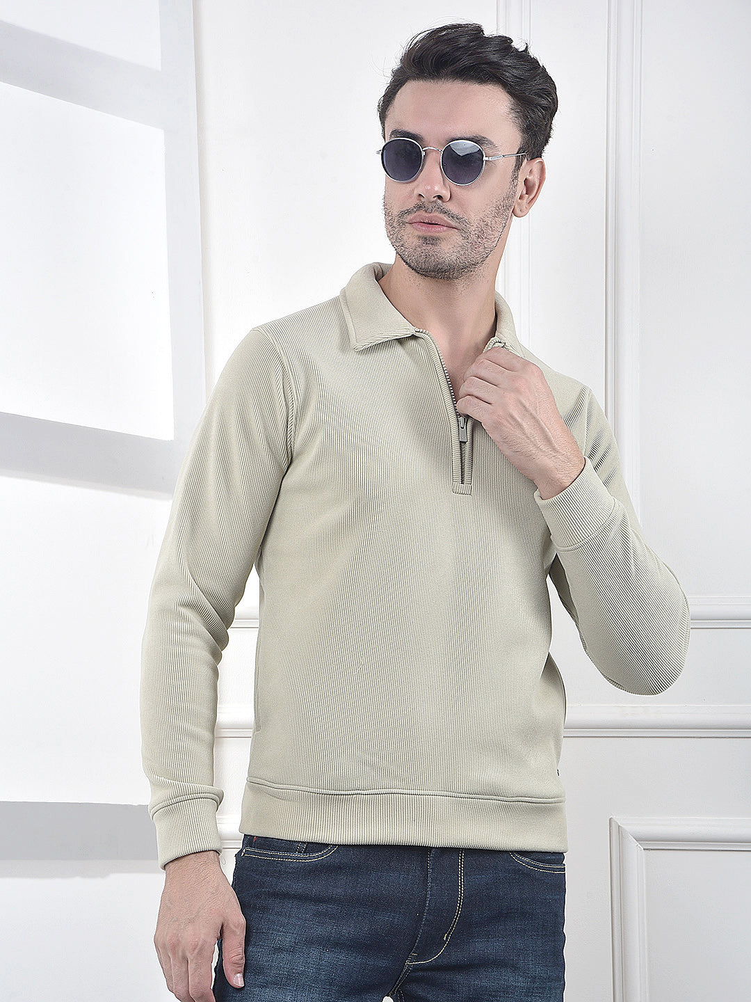 Beige Minimal Zip-Front Sweatshirt