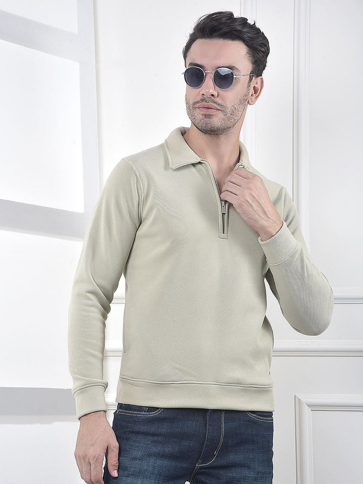 Beige Minimal Zip-Front Sweatshirt