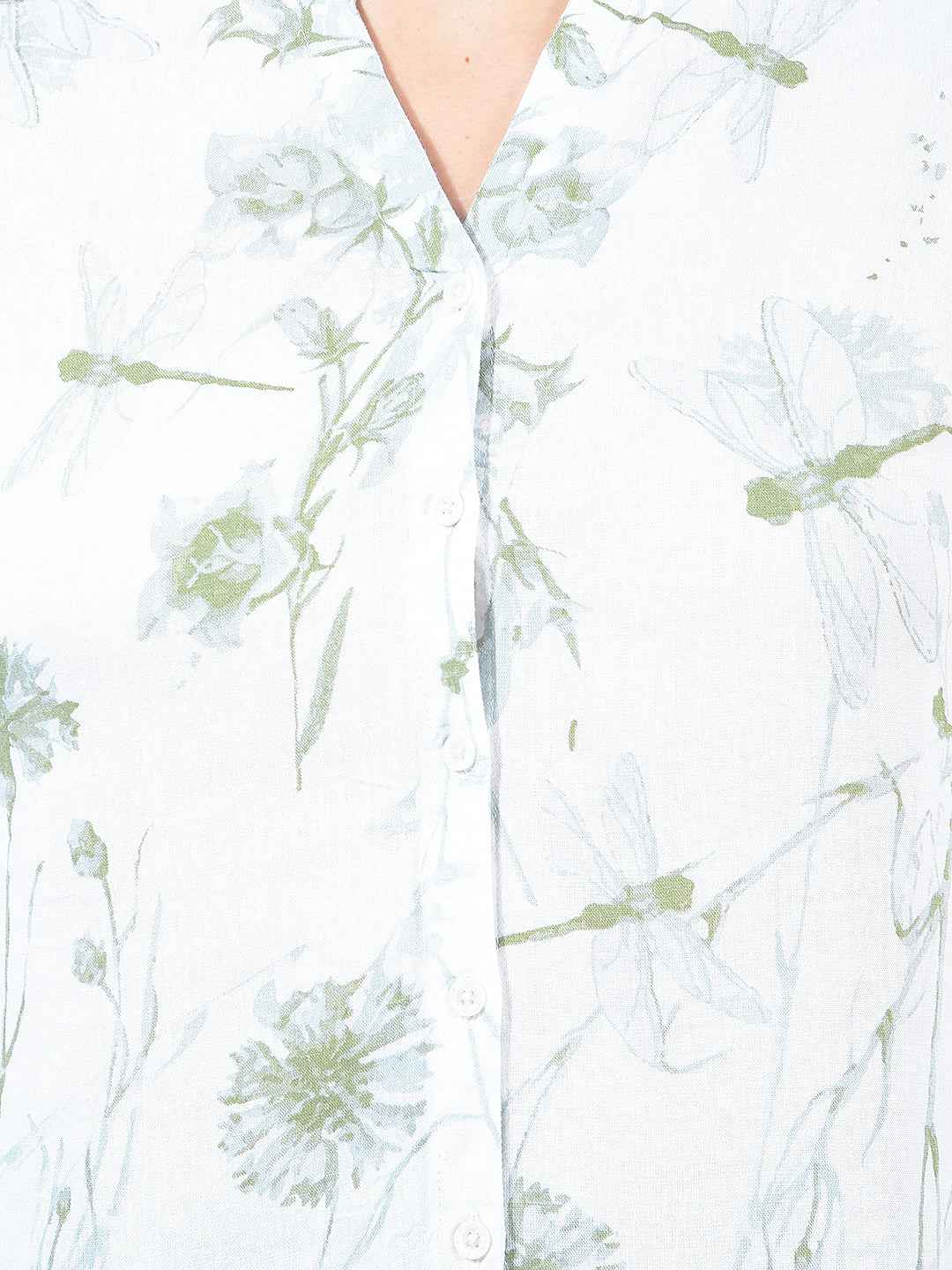 Green Floral Print V-Neck Linen Shirt