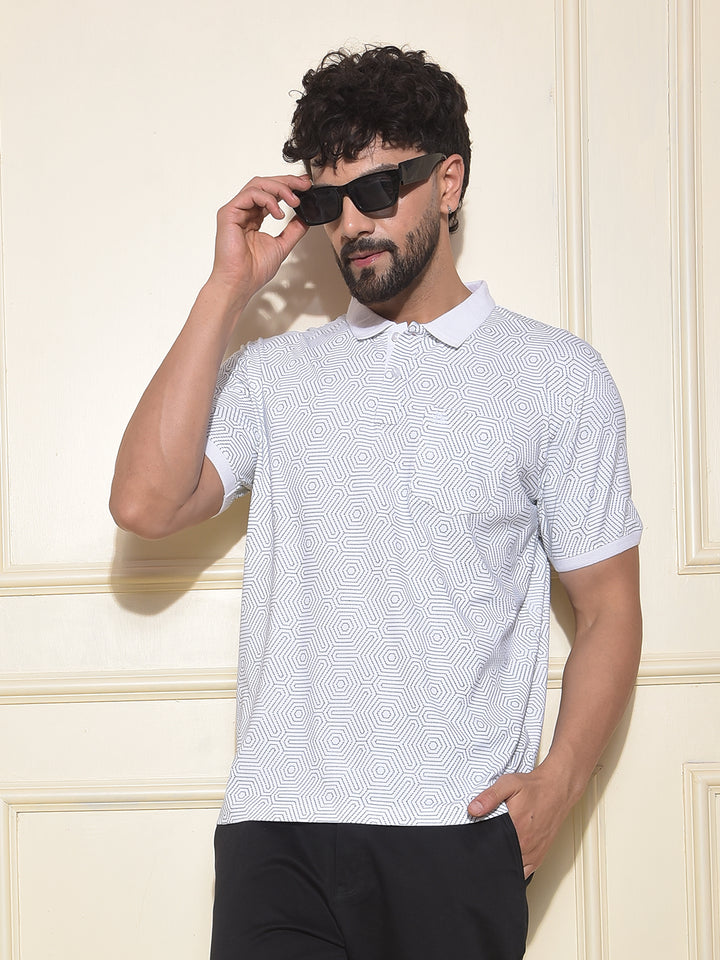 White Printed Polo-Neck T-Shirt