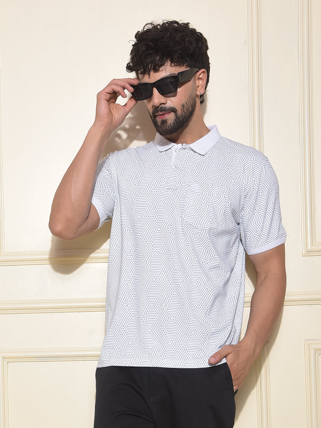 White Printed Polo-Neck T-Shirt