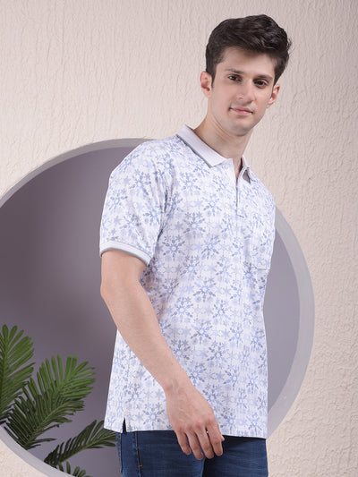 Blue Floral Print Polo-Neck T-Shirt