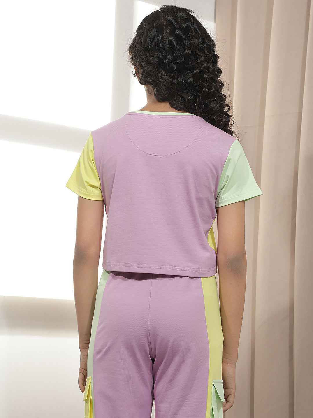 Purple Color-Blocked Cropped T-Shirt