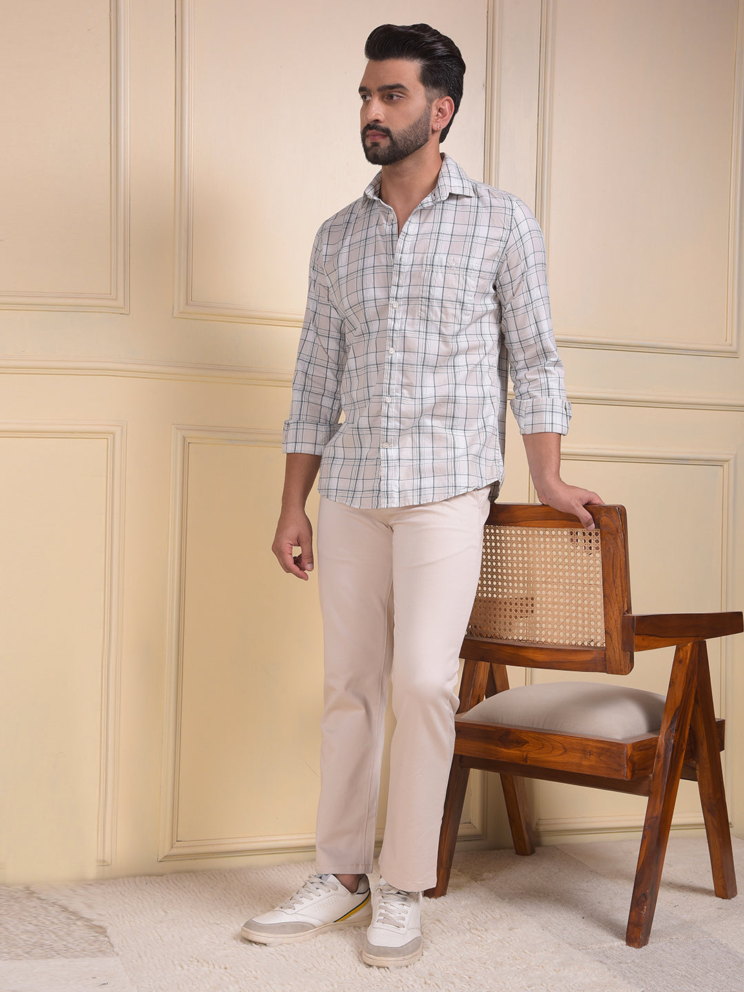 Beige Checked 100% Cotton Shirt