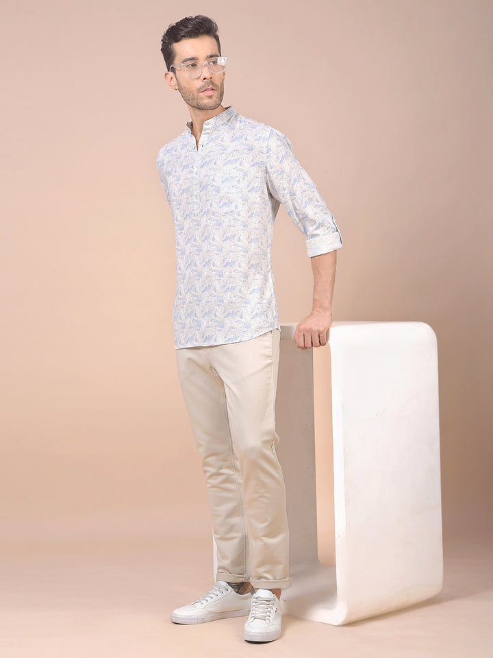 Blue Floral Print Linen Kurta
