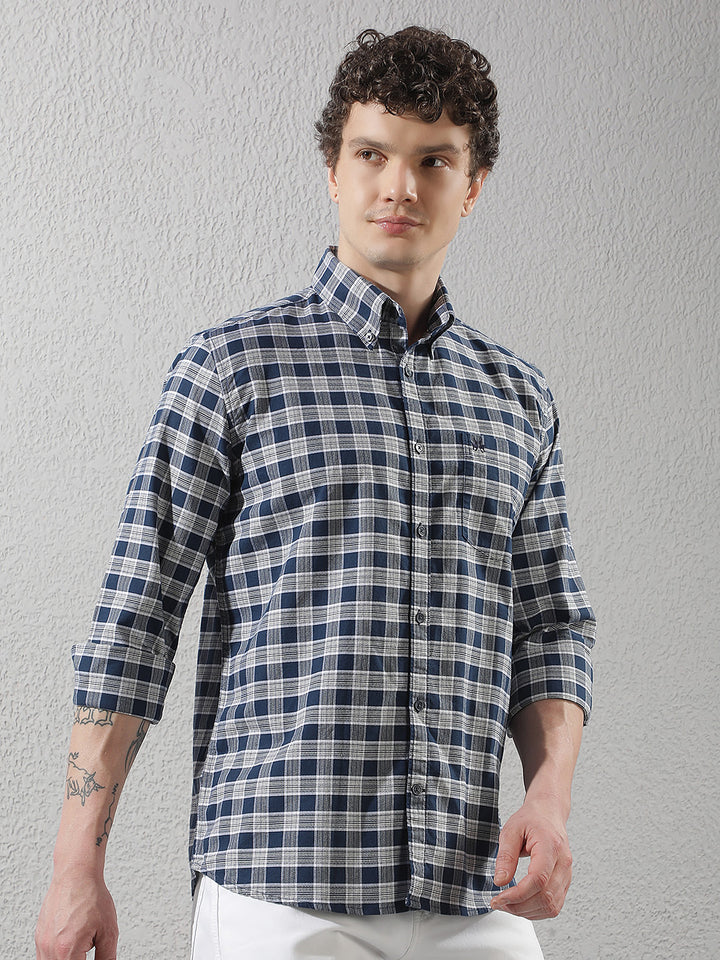 Navy Blue Checked Button-Down Collar 100% Cotton Shirt