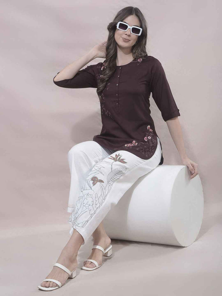 Wine Floral Embroidered Top