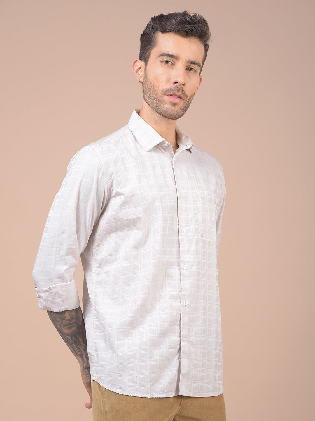 Cream Checked 100% Cotton Shirt