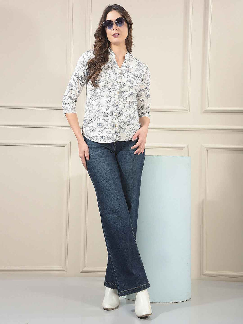 White Floral Print V-Neck Linen Shirt