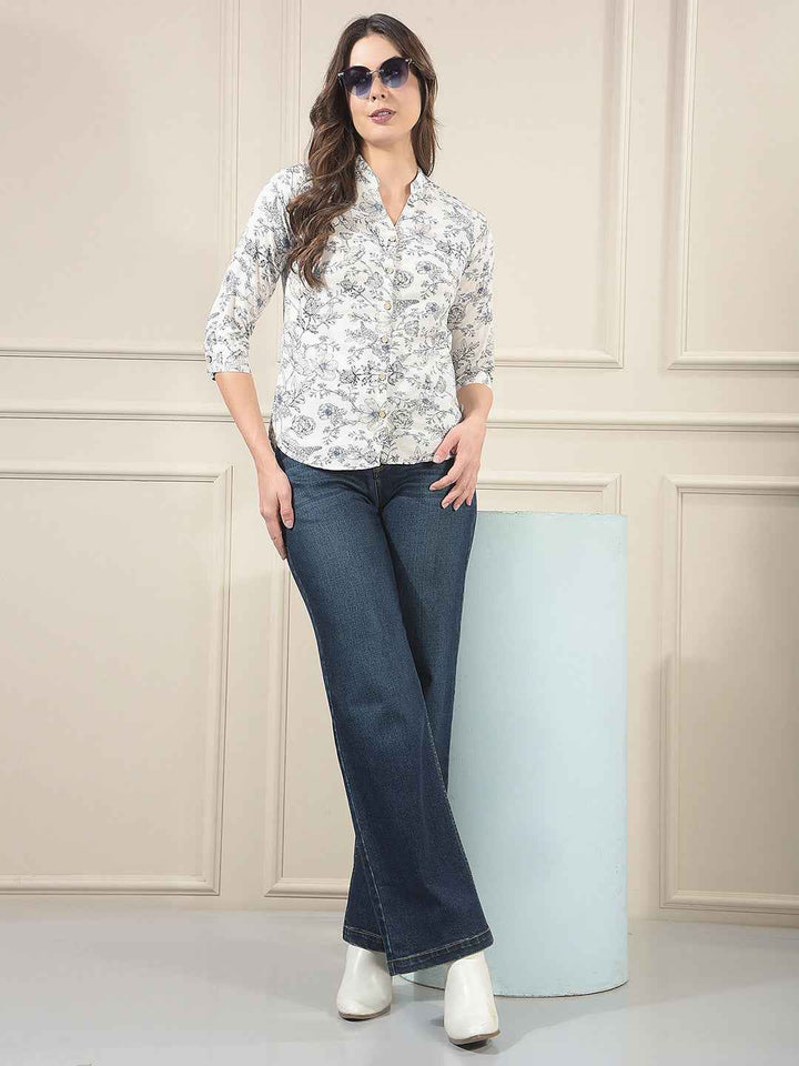 White Floral Print V-Neck Linen Shirt