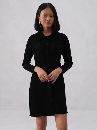 Black Textured Mini Shirt Dress