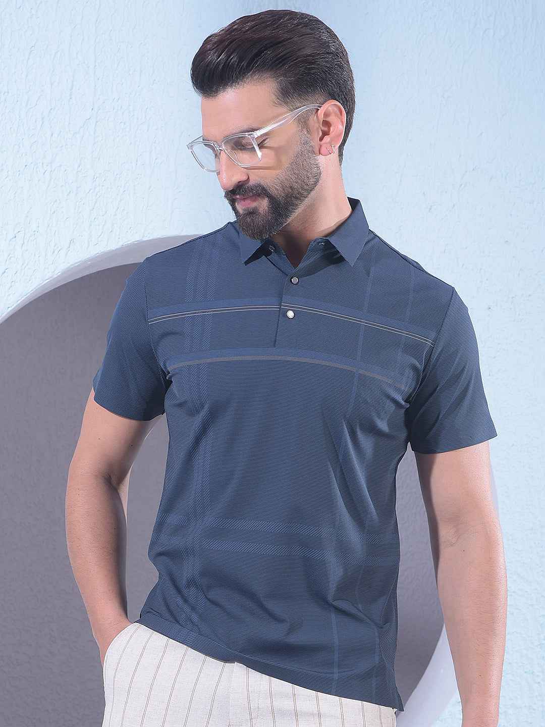 Navy Blue Checked Polo Neck T-Shirt