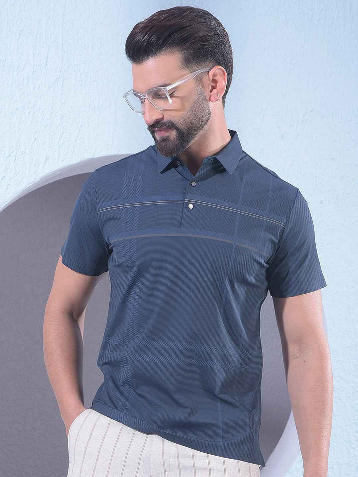 Navy Blue Checked Polo Neck T-Shirt