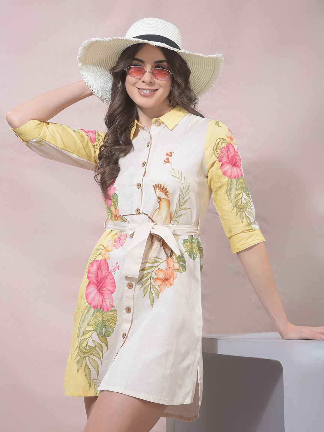 Yellow Floral Print Linen Shirt Dress With Belt