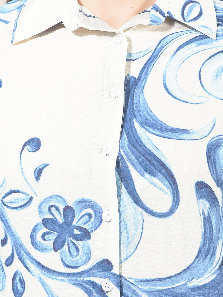 Blue Floral Print Mid-Thigh Length Shirt