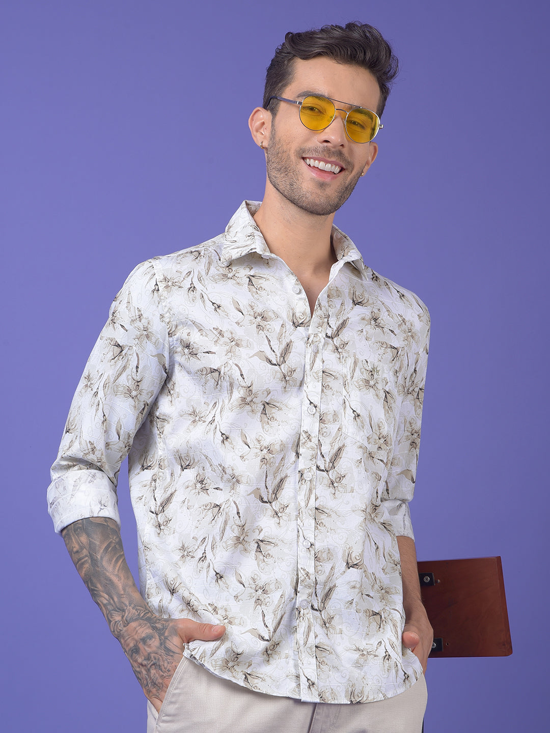 Brown Floral Print 100% Cotton Shirt