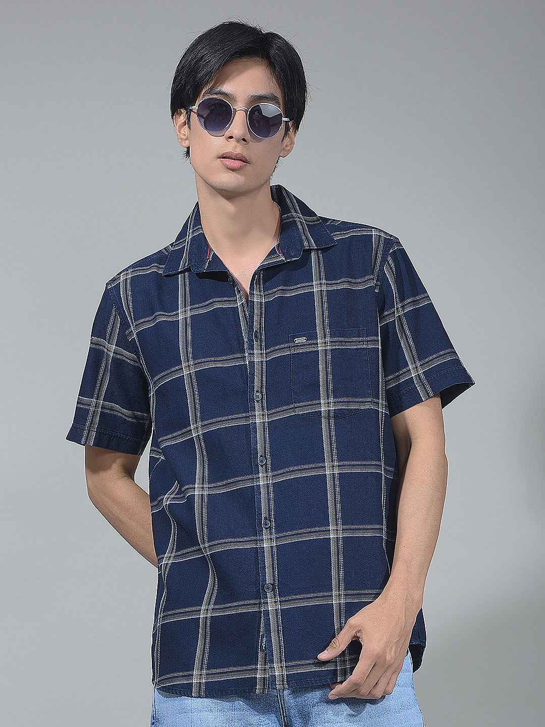 Navy Blue Checked 100% Cotton Shirt