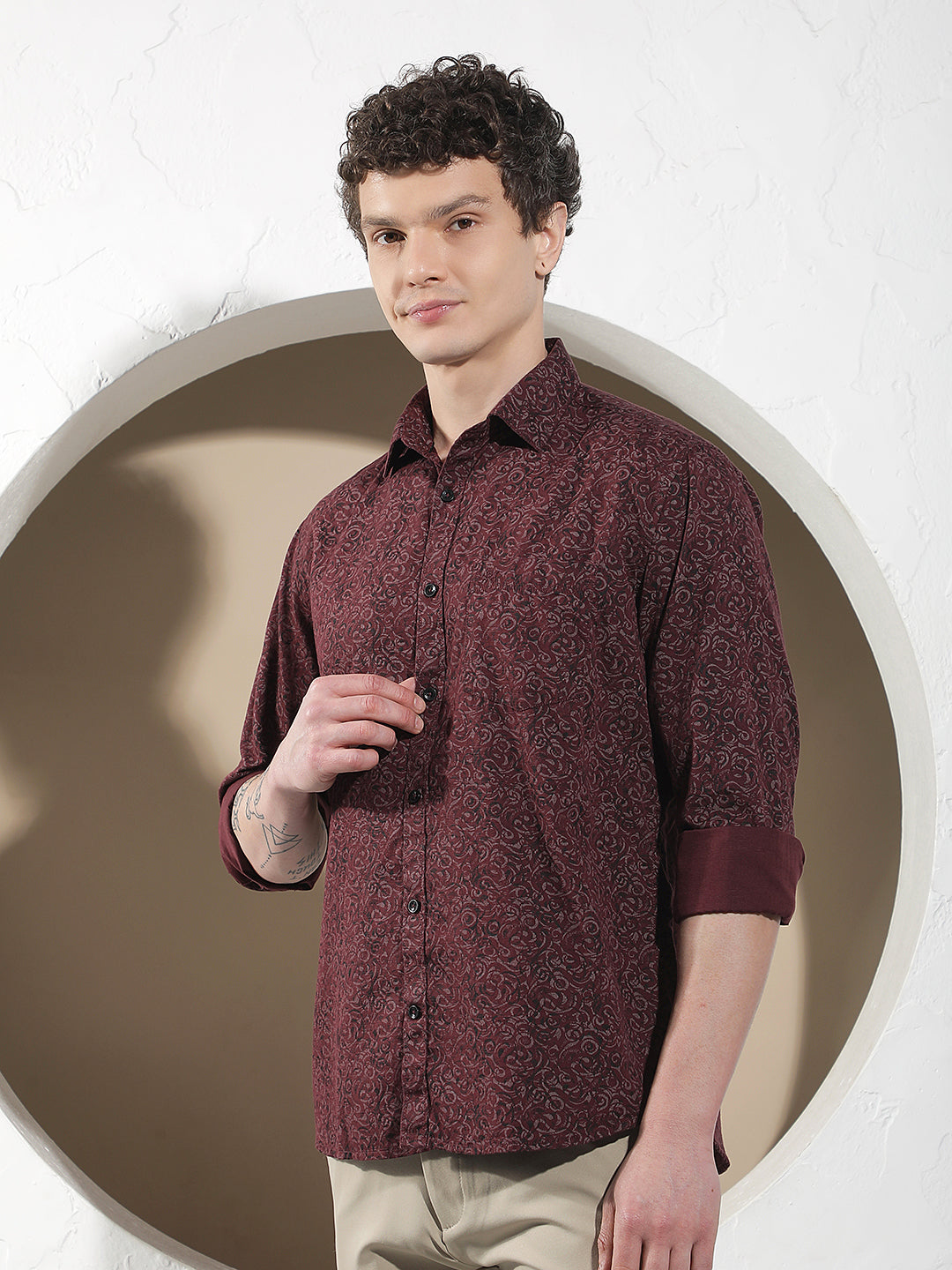 Wine Printed Linen Shirt