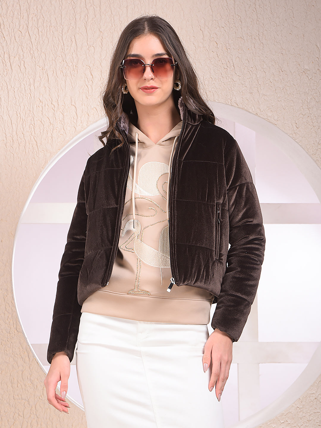 Brown High Neck Quilted Jacket