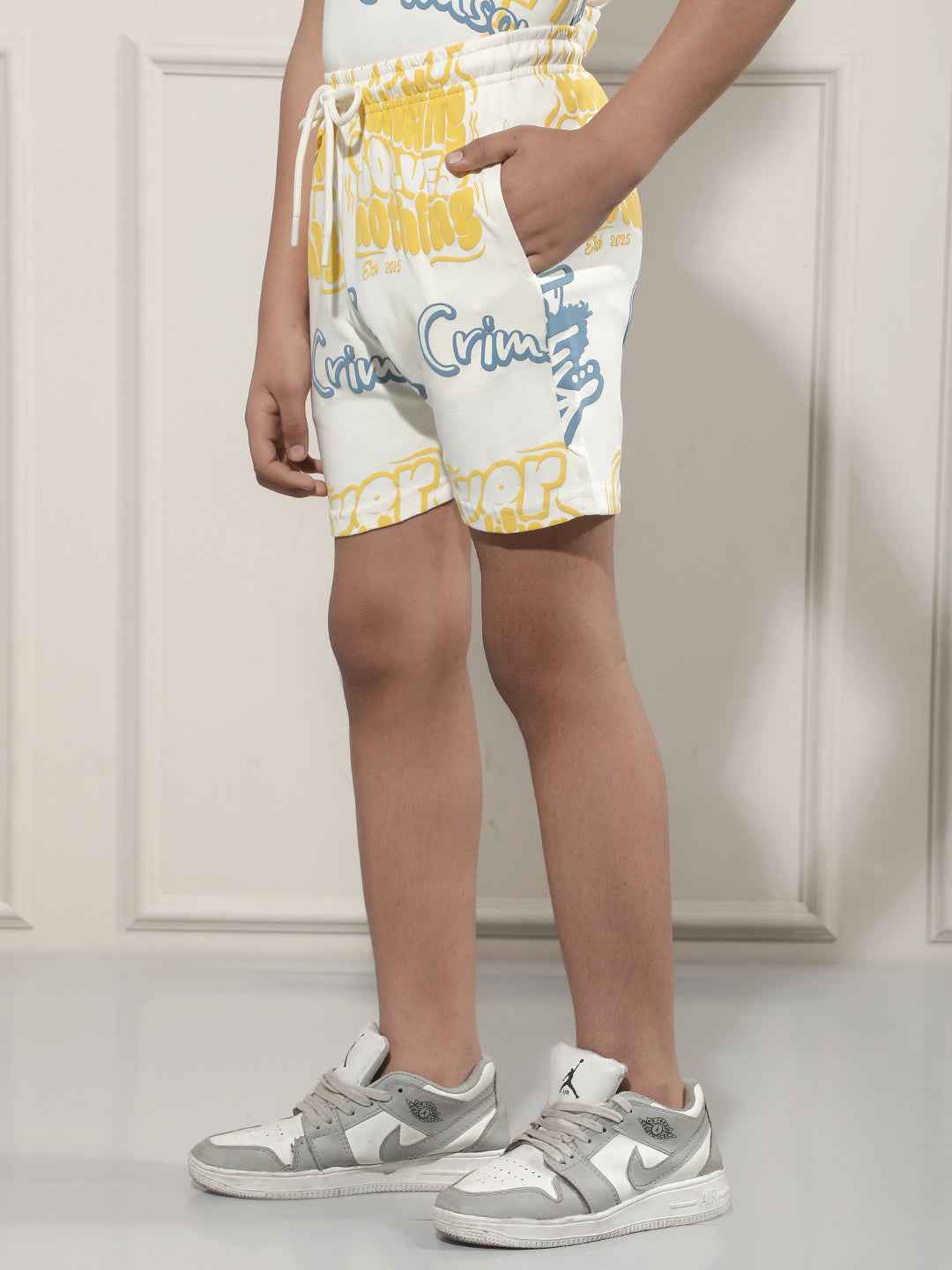 White Typographic Print Shorts