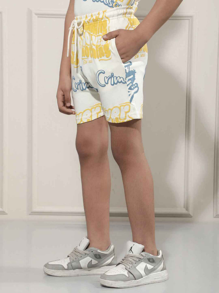 White Typographic Print Shorts