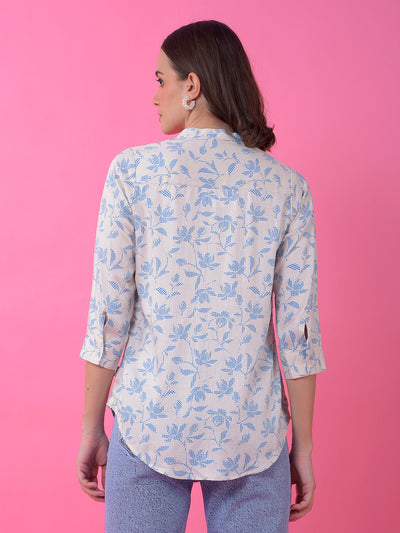 Blue Floral Print V-Neck Shirt