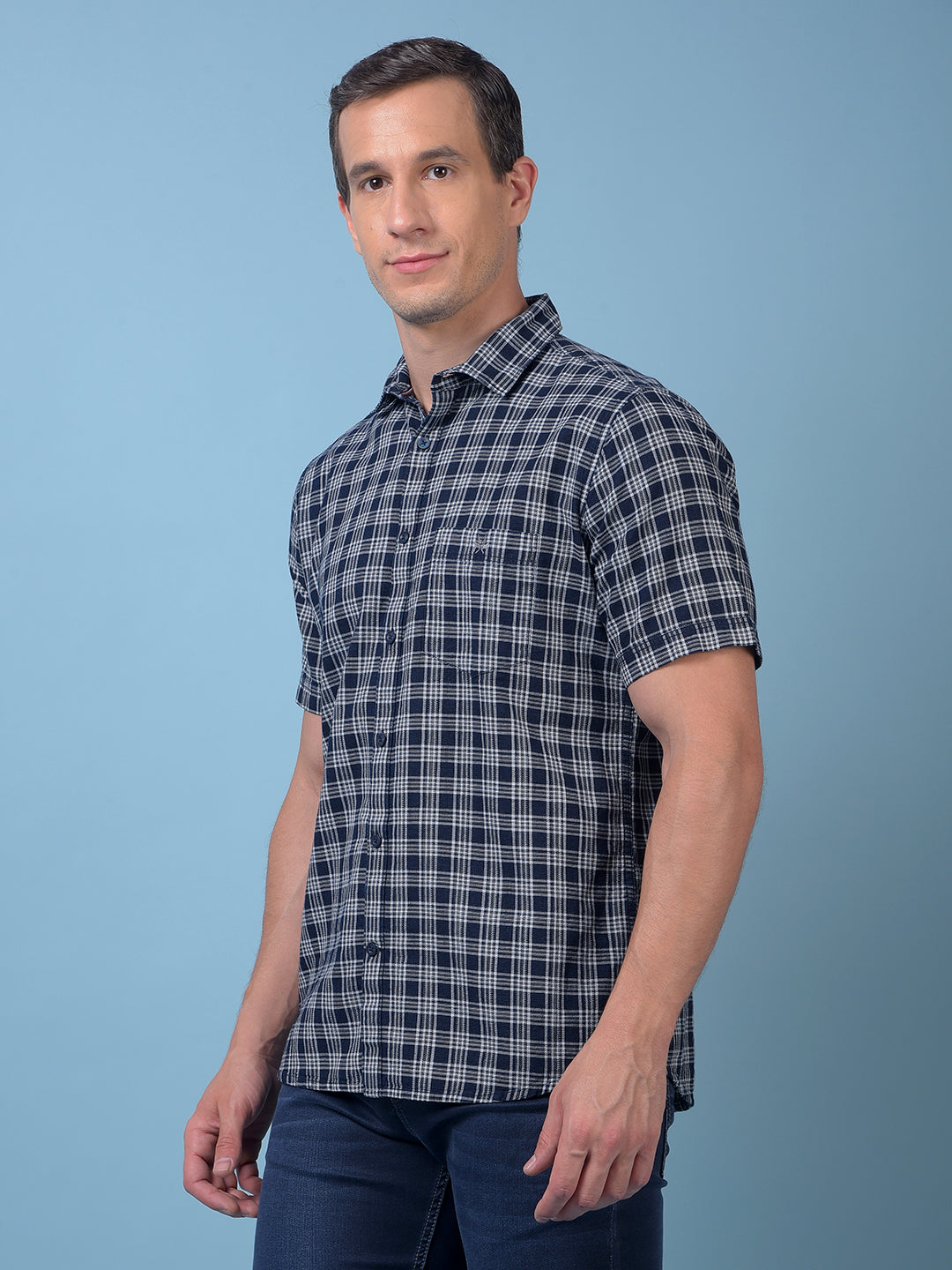 Navy Blue Checked 100% Cotton Shirt