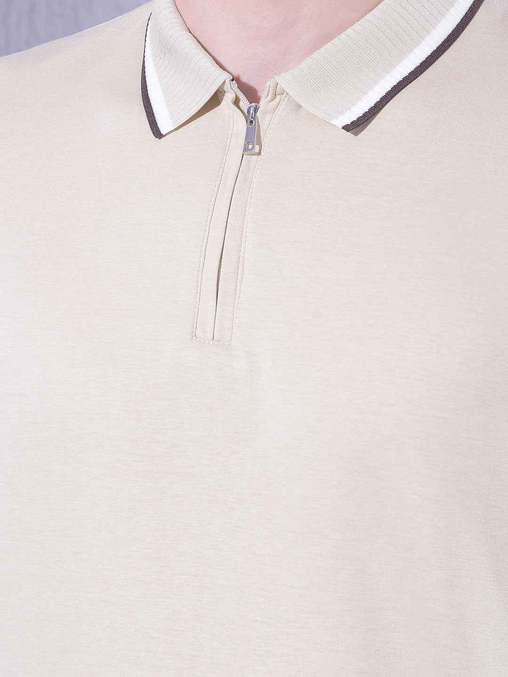 Beige Polo Neck T-Shirt with Zip Closure