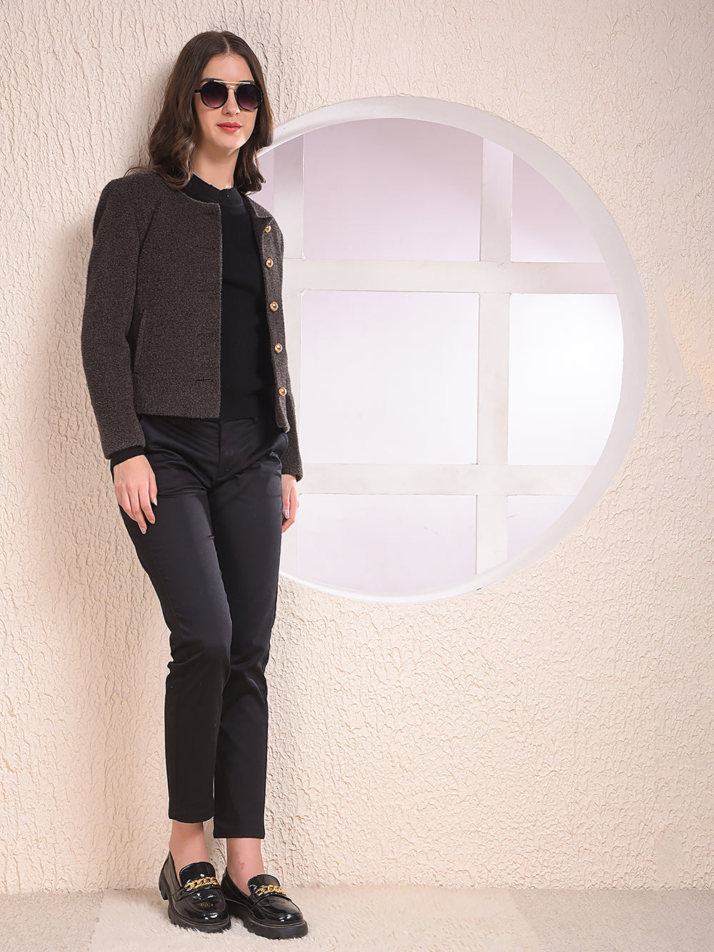 Brown Printed Single-Breasted Coat