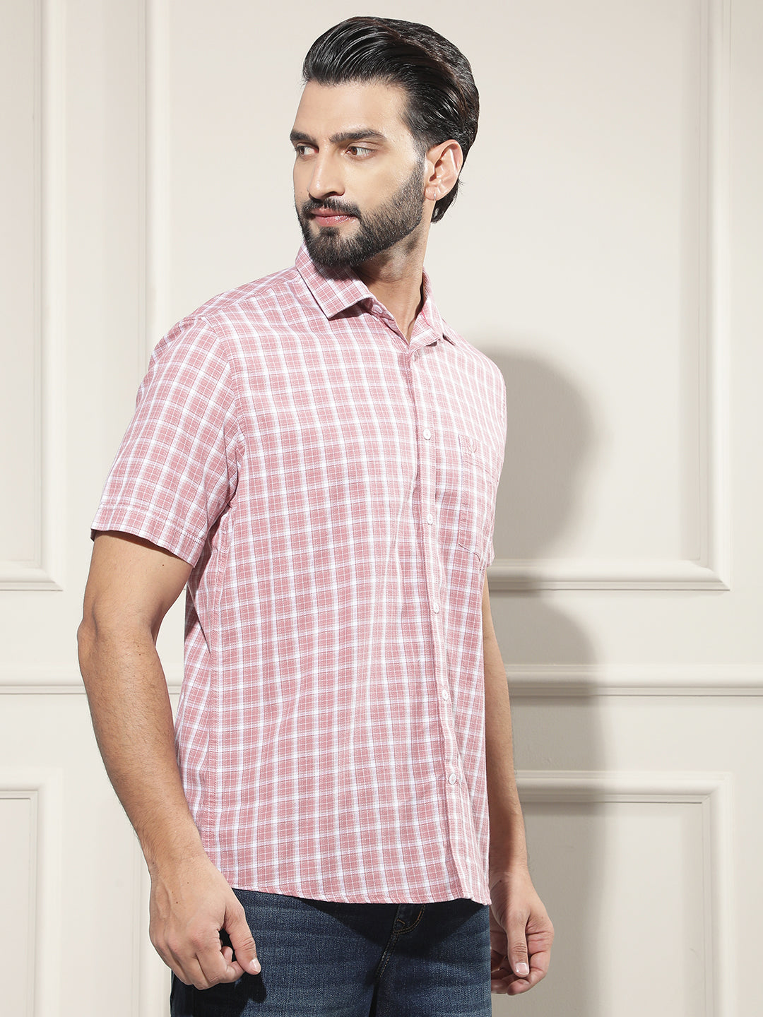 Peach Checked 100% Cotton Shirt