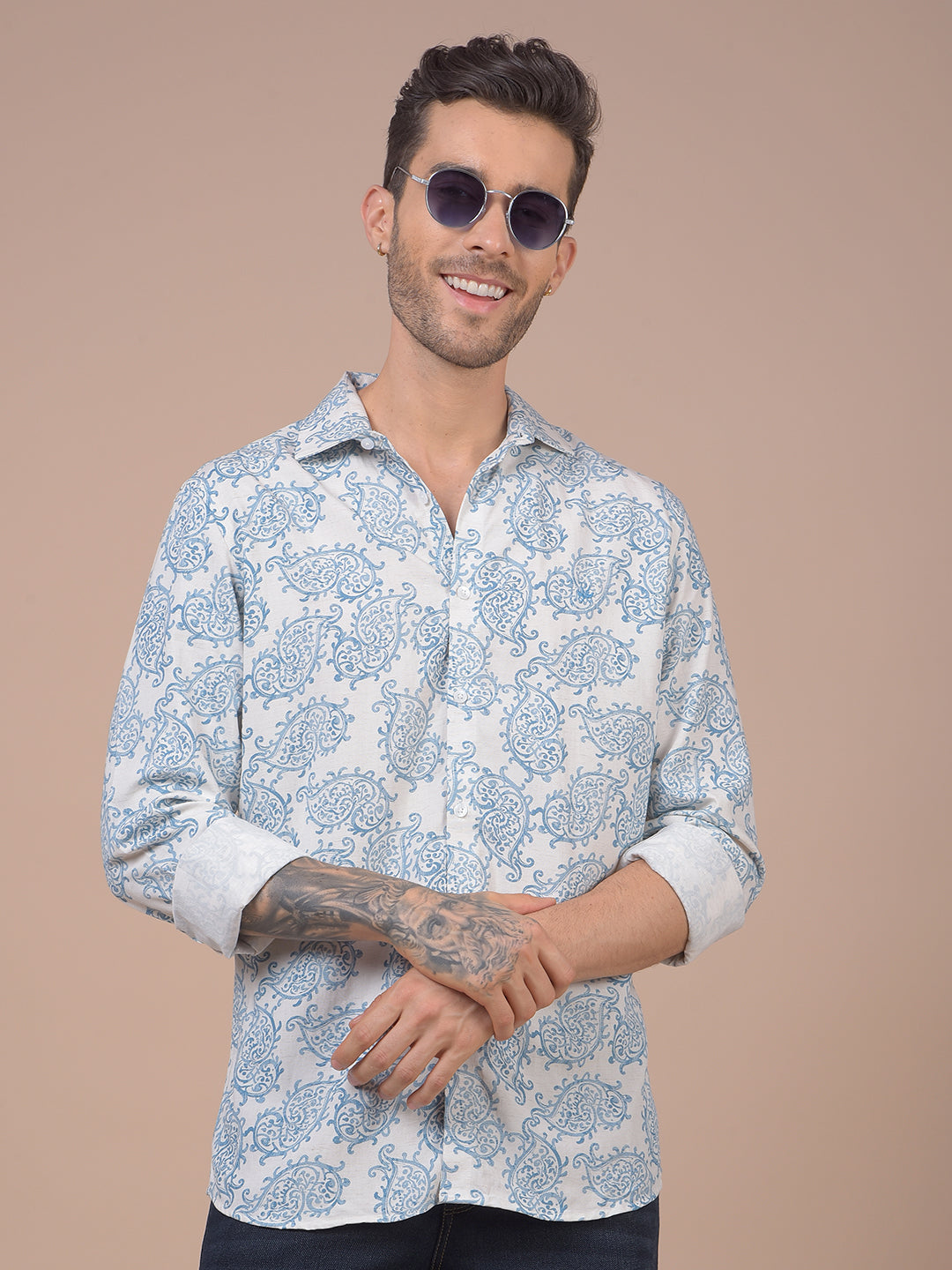 Blue Floral Print Linen Shirt