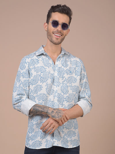 Blue Floral Print Linen Shirt
