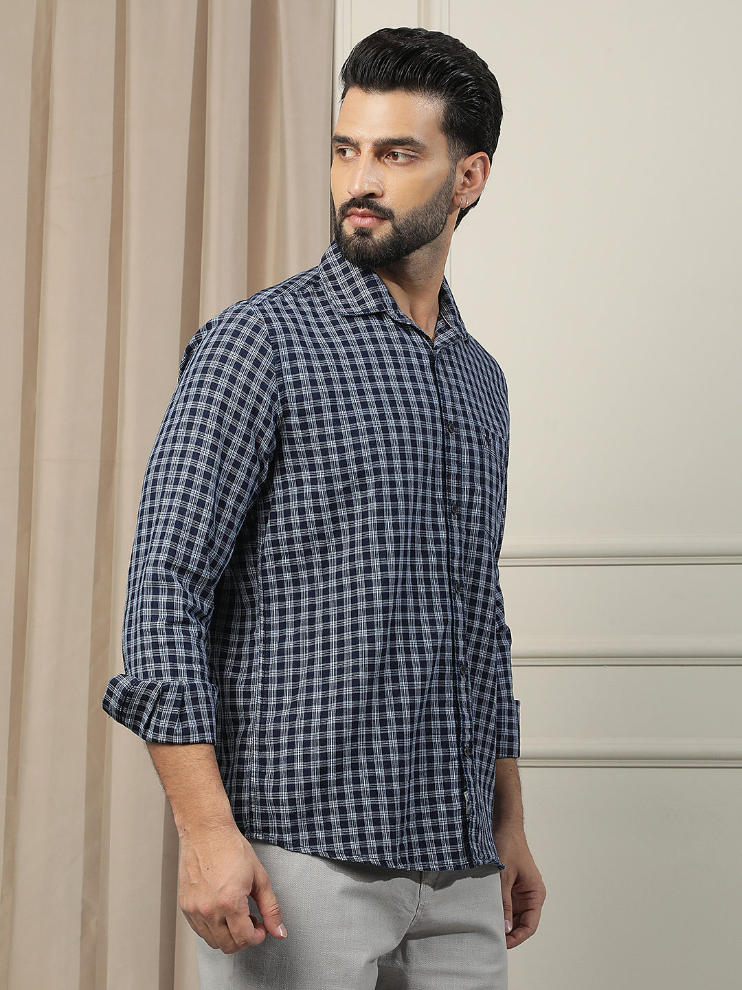 Navy Blue 100% Cotton Checked Shirt