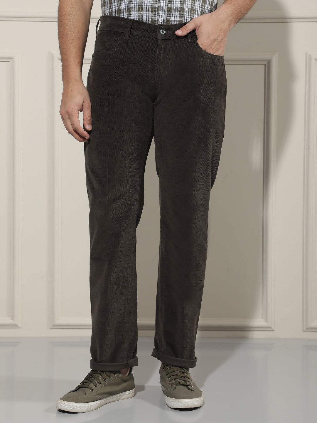 Structured Forest Olive Corduroy Trousers