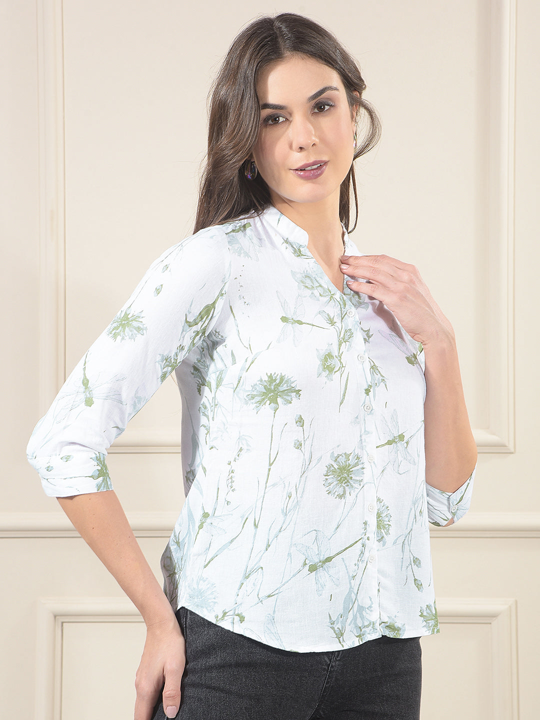 Green Floral Print V-Neck Linen Shirt
