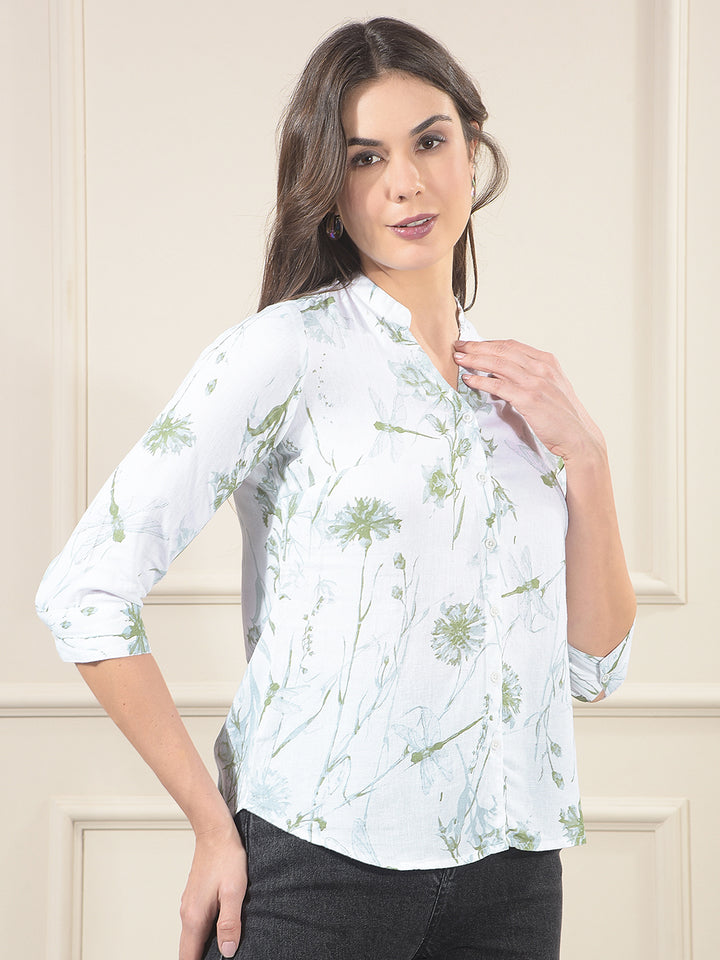 Green Floral Print V-Neck Linen Shirt